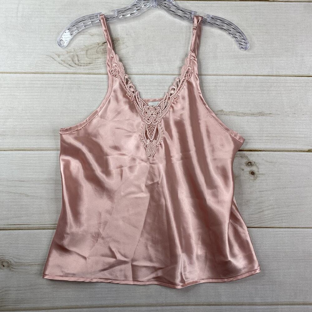 VTG Kathryn Camisole Sz M Pink Satin Crochet Trim Lingerie Adjustable V Neck